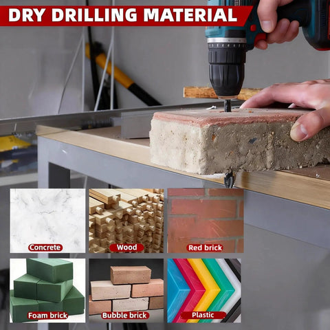 Cordless drill with 10 Piece Masonry Drill Bit Set Cemented Carbide Bits used on brick, showing drill in action on multiple materials