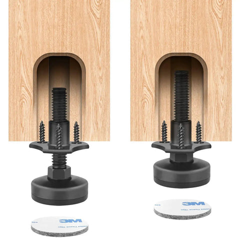 Adjustable Furniture Leveling Feet Heavy Duty Levelers For Cabinets Tables Chairs Sofas And Couches Large Base 4 Pack Supports Up To 1320 Lbs With T Nut Kit 3 8 16 Thread Black Easy Install shown installed on wood furniture