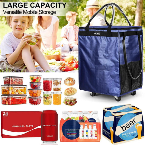 Navy Medium Reusable Grocery Bag On Wheels With 70L Foldable Rolling Tote Carries Up To 66 Lbs, Zipper Closure Shopping Cart next to picnic.