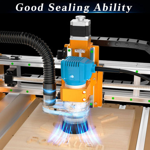 3-In-1 Dust Shoe For CNC Router installed, fits 52Mm, 65Mm, and 69Mm spindles, hose diameter 38Mm, transparent ABS material shown.