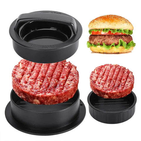 3 In 1 Nonstick Burger Press For Stuffed Patties, Sliders And Regular Burgers in use with raw patty and detachable indent press.