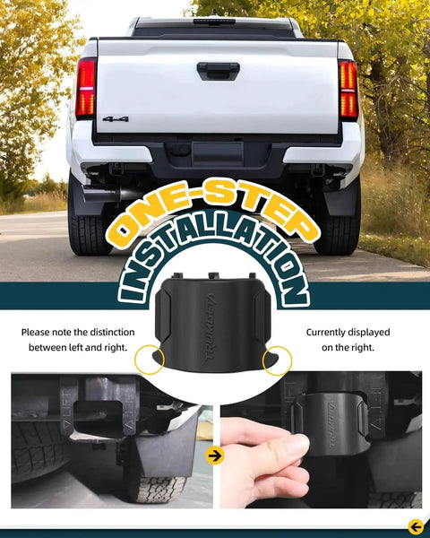 All Black Rear Bumper Crossmember End Caps Toyota Tacoma 4th Gen 2024 2025 2026 installed on white truck