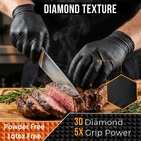 Chef wearing 10 Mil Diamond Textured Nitrile Gloves Heavy Duty Latex Free Powder Free X Large slicing steak in kitchen