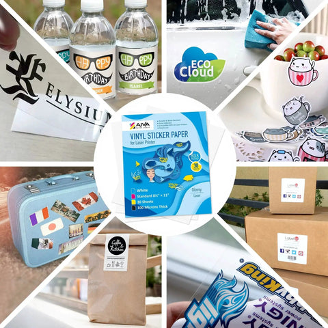 Printable Vinyl Sticker Paper For Laser Printers Glossy White 30 Self Adhesive Sheets Waterproof Decal Paper 8.5 By 11 Standard Letter Size Compatible With High Resolution Images in use on various items like bottles and boxes.