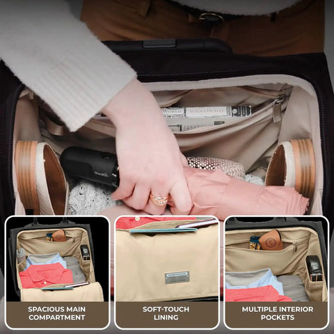 Person packing Baseline Carry On Bag With Smooth Roll 2 Wheel Mobility Softside Luggage, showing interior compartments.