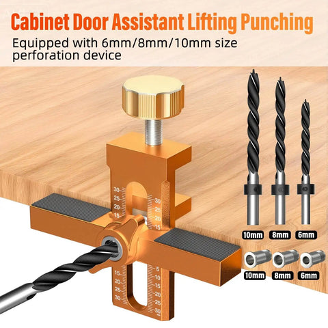 2-In-1 Cabinet Door Mounting Jig With Adjustable Positioner displaying drill bits and precise markings