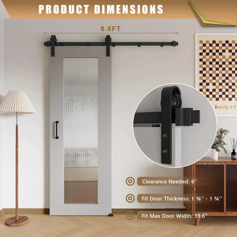 6.6 Foot Sliding Barn Door Hardware Kit With Upgraded Two Point Screw Fixation Modular Track Heavy Duty For Single Door 36 To 40 Inches Wide Smooth Quiet Sliding And Easy To Install displayed with dimensions, installed on a modern interior wall.