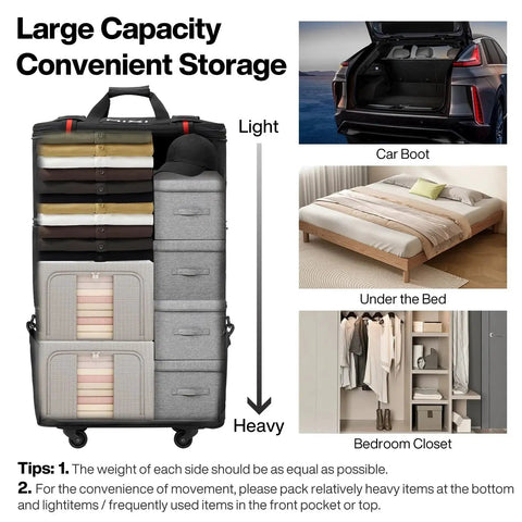Expandable Rolling Travel Bag With Wheels For Men And Women showing large capacity organization details