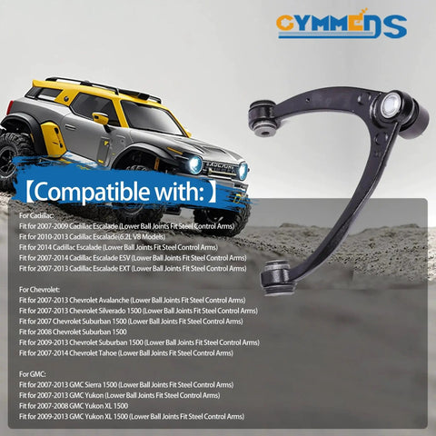 Front Upper Left And Right Control Arm With Ball Joints Suspension Kit For 2007 2014 GM Silverado Sierra 1500 Avalanche Suburban Tahoe Yukon Escalade 10 Pcs Heavy Duty Replacement, shown beside compatible vehicle list and toy SUV