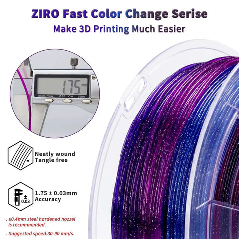 Fast Color Changing Twinkling Glitter PLA Filament 1.75mm 1kg Spool With Colorful Translucent Galaxy Look showing precision measurement and packaging