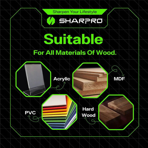Infographic showing materials suitable for woodworking: acrylic, MDF, PVC, hardwood. Brand logo and slogan included.