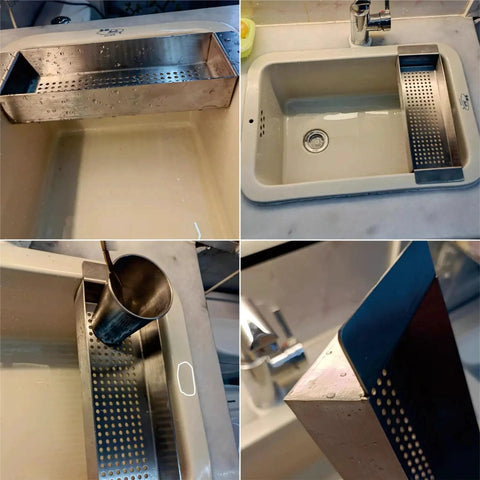 4 Pack 8X12 Inch Stainless Steel Sheets 0.8MM Thick 430 Grade Shim Stock used as a kitchen sink accessory and organizer.