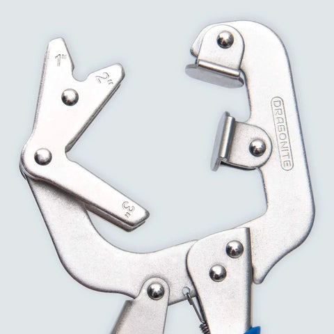 10 Inch Welding Pipe Pliers With Locking C Clamp And Large Adjustable V Pads For Secure Welds, shown in a close-up view
