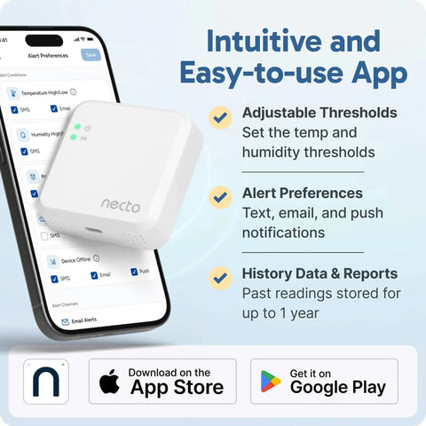 Cellular Temperature Monitor With 4G LTE And Humidity Sensor Remote Power Failure Alarm Unlimited Alerts for RV Vacation Home Pet Safety or Server Room 2 Years Of Service Included No Fees Or WiFi Needed displayed above smartphone app interface.