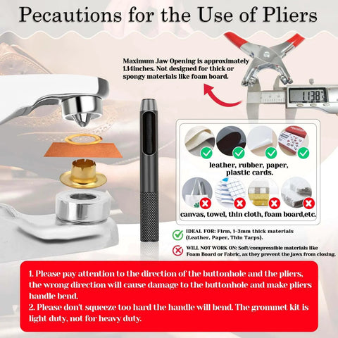 Usage instructions for pliers with caution not to use on thick or spongy materials; ideal for thin materials like leather and canvas.