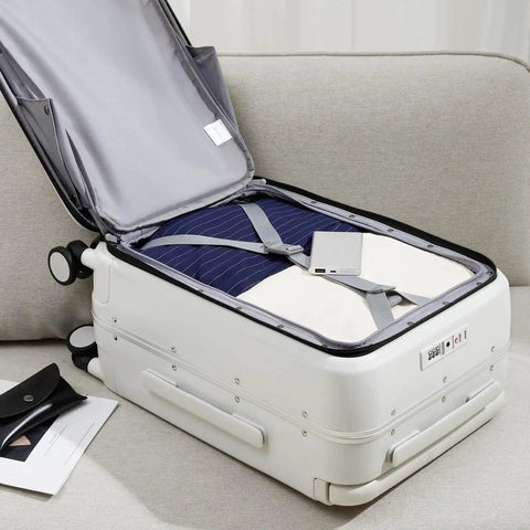 Open 20 Inch Carry On Luggage With Front Pocket and Front Opening Design Aluminum Hardside Spinner Wheels TSA Lock White Case