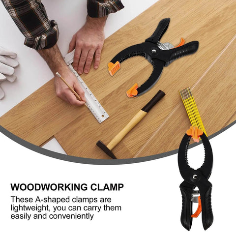 A-Type Quick Release Ratchet Spring Clamps 2-Pack for Woodworking and Photography; shown on a wooden surface with tools