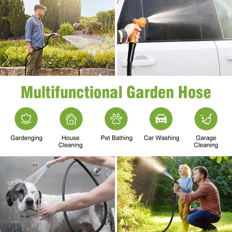 Beitopamz short garden hose, 5 ft x 5/8 in, black rubber-hybrid with 3/4 in brass fittings and male-to-female connectors