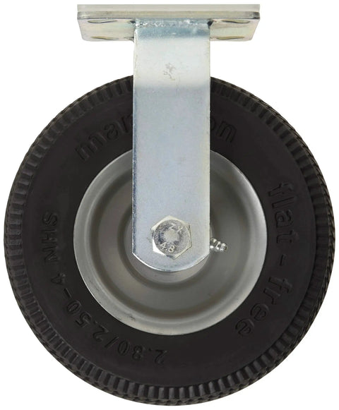 Front view of an 8 Inch Rigid Caster With Flat Free Polyurethane Foam Tire Non Marking Sawtooth Tread 10 Inch Overall Height.