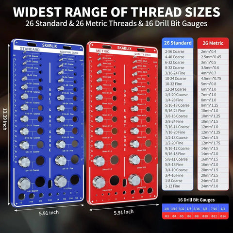 Image of a 68 Nut and Bolt Thread Checker Kit with 26 Standard and 26 Metric Bolt Gauges and 16 Drill Bit Gauges.