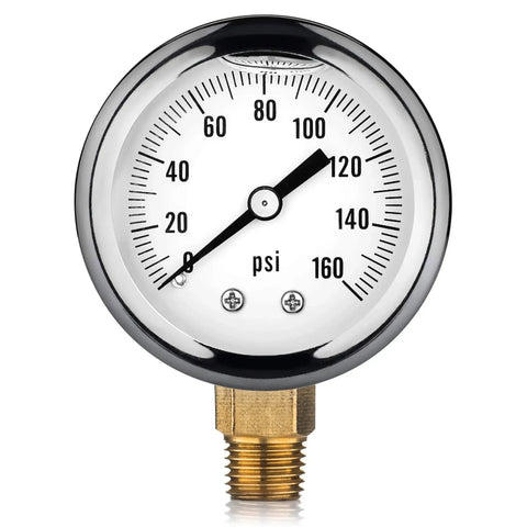 Water Pressure Gauge For RVs And Campers One Quarter Inch NPT Oil Filled Bourdon Gauge 0 To 160 PSI with stainless steel body, close-up.