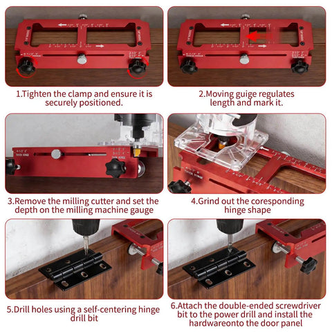 Instruction steps for using Adjustable Door Hinge Jig Kit With Pro Grade Aluminum Alloy Router Template For Hinges From Two And A Half To Five Inches, Works With Doors Up To One And Three Quarters Inches, Includes Quarter Radius, Five Eighth Radius And Square Corner Types DIY
