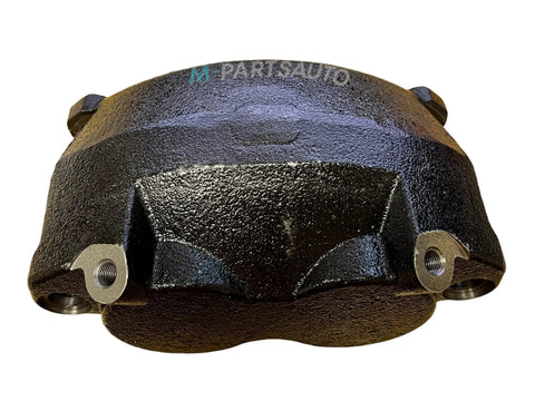M-parts disc brake caliper for Dexter 10K/12K brake assemblies; black cast iron, front view with bleeder screws