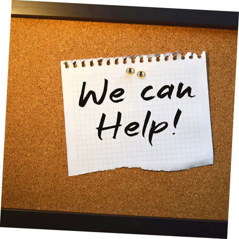 "We can Help!" note secured on a corkboard with 100 Pieces Decorative Craft Nails For DIY Projects, Miniature Brass Fasteners For Cards.