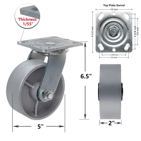 Heavy Duty Steel Cast Iron Wheel Swivel Caster For Tool Box And Workbench 5 Inch 1000 Lb Capacity With Zinc Plated Yoke