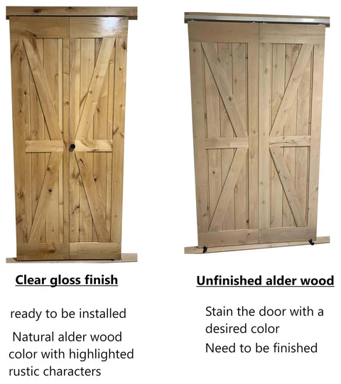 Double 38 By 84 Inches Unfinished Alder Wood Bifold Barn Doors With Low Clearance Box Rail Sliding Hardware Set displayed