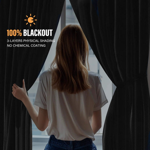 Person opening 100 Percent Blackout Room Divider Curtains With Ceiling Track Set in home office, showing blackout effect.