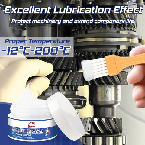 White Lithium Grease Go To Multi Purpose Lubricant With Built In Brush applied on metal gears, 3.5oz container shown