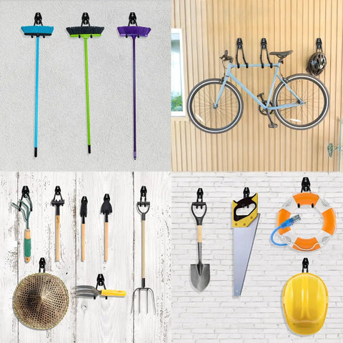 12 Pack Heavy Duty Steel Garage Hooks with Anti Slip Coating Wall Mount Organizer holding brooms, bike, tools, lifebuoy.