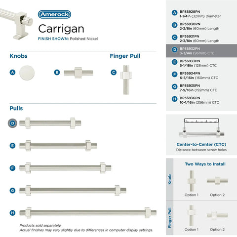 Carrigan Polished Nickel Cabinet Pull Three And Three Quarters Inch Center To Center 96mm 1 Pack Drawer Pull with installation options.