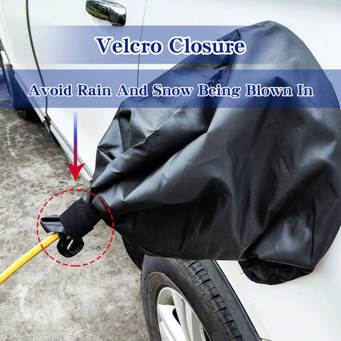 Close-up of All Weather EV Charger Port Cover For Outdoor Charge With Magnetic Attachment, Waterproof Snow Rain UV Shield Keeps Port Dry And Ice Free, Fits Steel Bodied Electric Vehicles LZSTEC with Velcro closure.