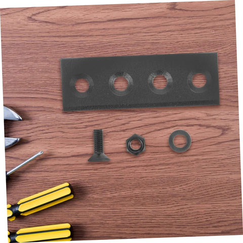 Heavy Duty Sliding Barn Door Track Connector Replacement Plate For Smooth Operation Flat Mending Plate To Link Door And Track Durable Barn Door Hardware For DIY Home Renovation And Quick Fix. Metal plate with holes, bolt and nut on wood surface.