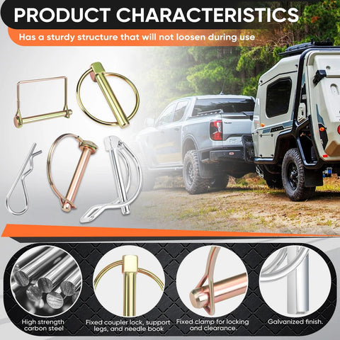 Rugged Hitch Pin And Trailer Pin Assortment Kit For Trailers Tractors Trucks Tow Jobs And Farm Equipment With Cotter Pins Lynch Pins Straight Pins Square Pins Arch Pins And Tube Pins For Heavy Duty Use shown with a trailer and truck