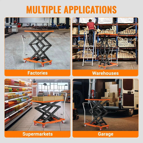 Hydraulic lift table cart with orange platform and black steel scissor frame on wheels.