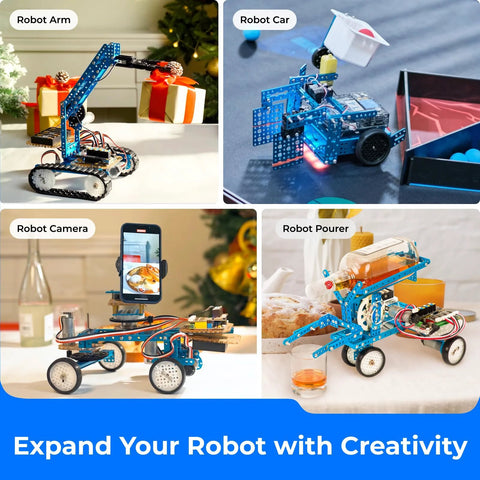 Makeblock mBot Ultimate robot kit with blue metal frame; collage shows arm, car, camera, and pourer builds.
