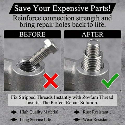 Heavy Duty Pro Grade Wire Thread Repair Inserts Kit showing before and after installation on metal part