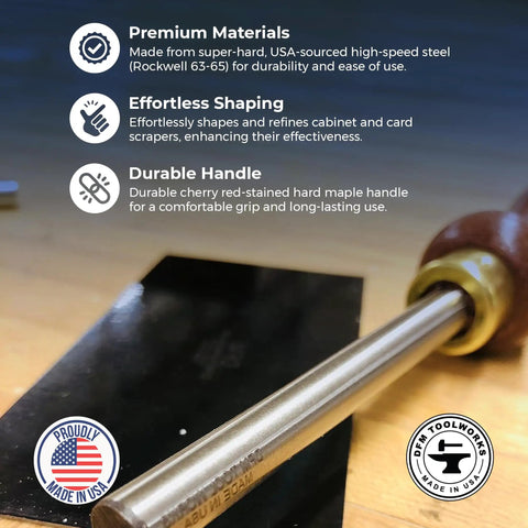 Pro Grade Cabinet Scraper Burnisher Tool With Hard Maple Handle And Super Hard High Speed Steel Rod for card scraper burnishing.