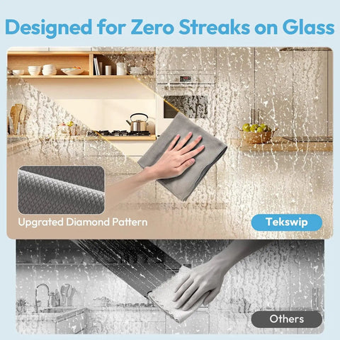 Diamond Pattern Microfiber Cloths 12x12 Streak Free Glass Windows Mirrors 6 Pack shown cleaning kitchen glass surface