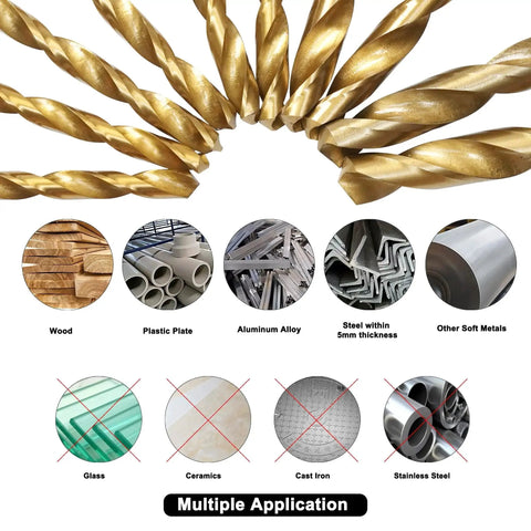 High Quality 99 Piece Drill Bit Set With 135 Degree Titanium Coated HSS Bits for various materials, multiple applications shown