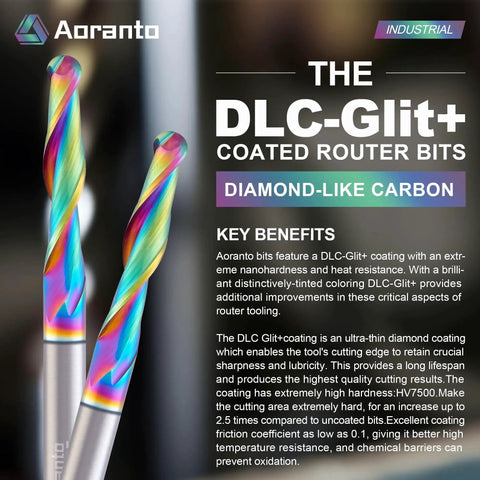 Front view of Aoranto DLC-Glit+ coated router bits with diamond-like carbon finish and vibrant coloring in industrial packaging.