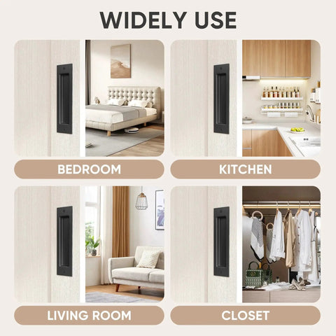 8 Inch Flat Black Barn Door Finger Pull Handle Sliding Door Hardware Solid Heavy Duty Recessed Door Handle For Barn Doors Cabinets And Furniture Flush Mount Look Rust Resistant Carbon Steel shown in bedroom, kitchen, living room, and closet.