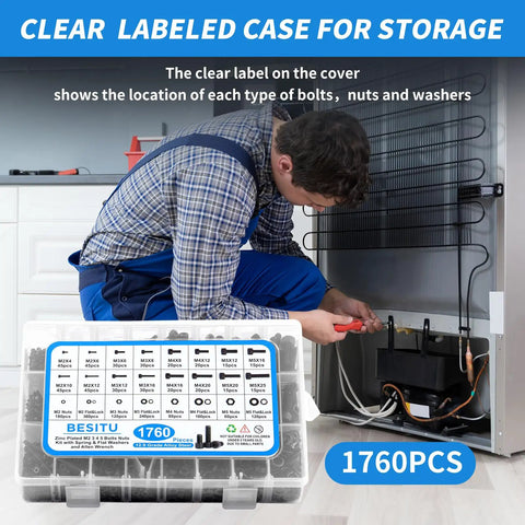 Metric Screw Set 1760Pcs M2 M3 M4 M5 Hex Socket Head Cap Bolts Nuts Grade 12.9 Alloy Steel in labeled storage case during use.