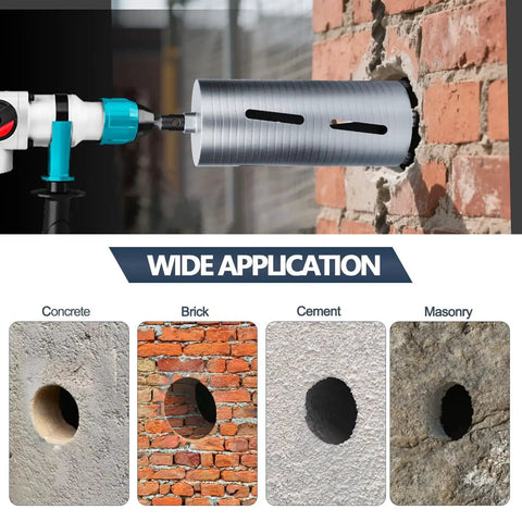 Two And A Half Inch Diamond Dry Core Drill Bit With Ten Inch Drilling Depth For Concrete Masonry Brick Block Five Eighth Inch Thread Includes SDS Plus SDS Max And Hex Adapters Rotary Only Diamond Alloy Tip in use on brick wall