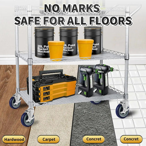 Stainless steel cart with 5 inch prep table wheels set of 4 with expanding stem casters, tools, and paint cans on various floor types