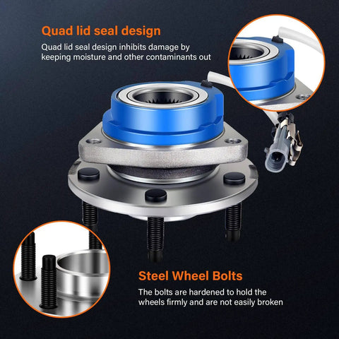 Detailed view of Front Wheel Bearing And Hub Assembly 513121 with steel bolts and quad lid seal design
