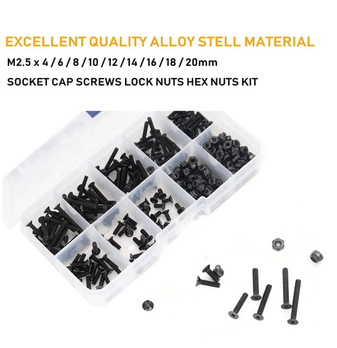 340 Piece M2.5 Black Countersunk Socket Cap Screws And Nylon Lock Nuts And Hex Nuts Kit, 10.9 Grade Alloy Steel.